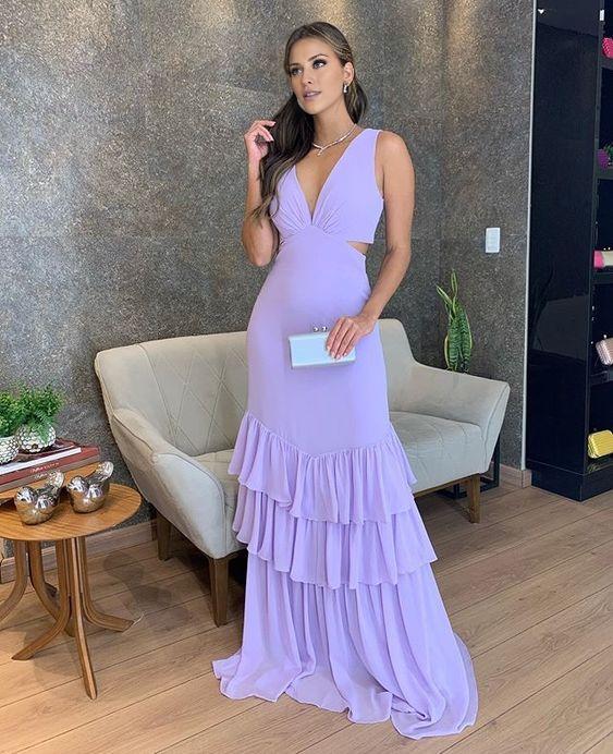 TingPo Wholesale Gorgeous Mermaid V neckline Lilac Chiffon Prom Dress formal wear dresses